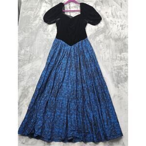 Vintage 80s Formal Fashions Dress Womens 12/L Black Blue‎ Velvet Puffed Sleeves